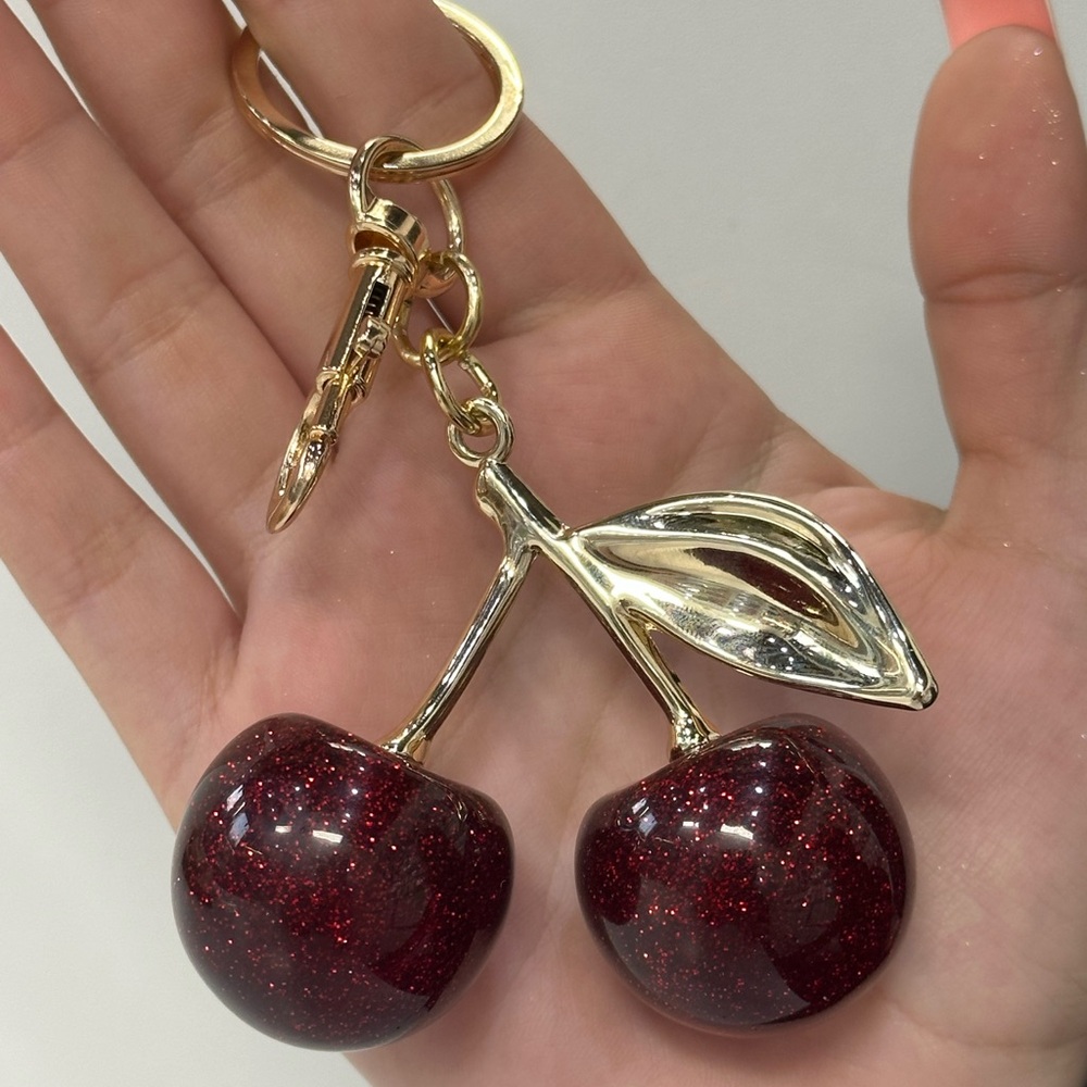 Gold Cherry Keychain with Glittery Dark Red Cherries